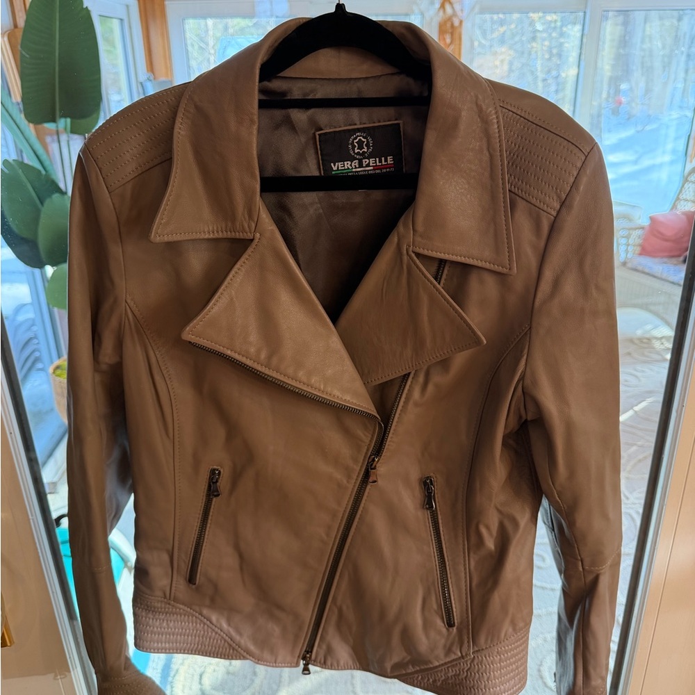 Vera Pelle Tan Leather Asymmetrical Zip Moto Jacket